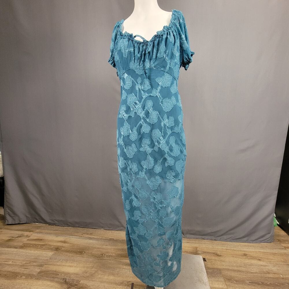 Urban Outfitters Midi Dress L Floral Burnout Puff Sleeve Tie Back Sea Witchery